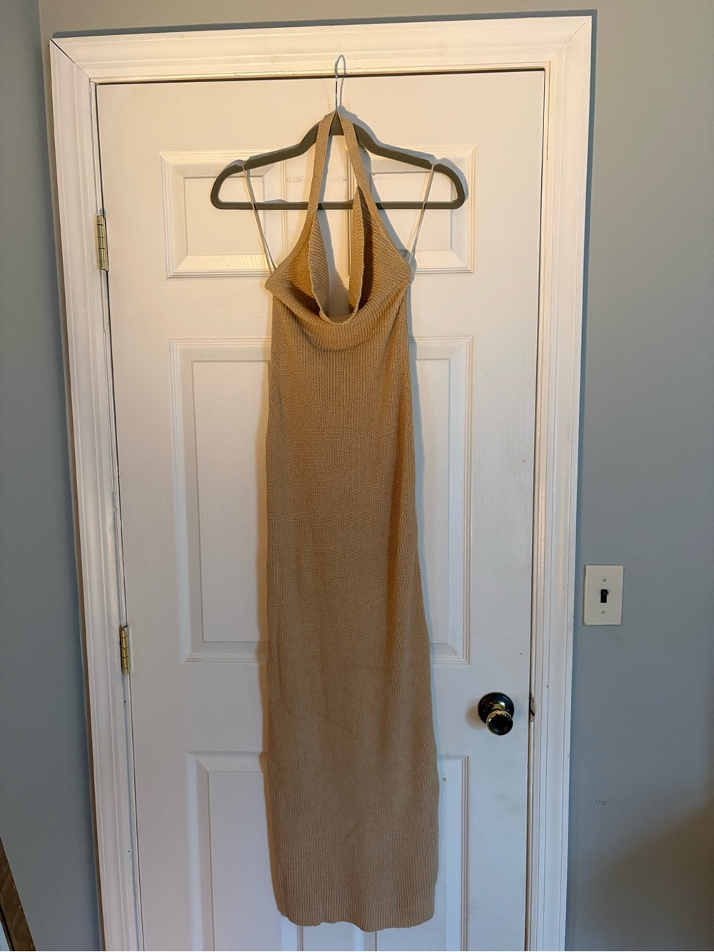 naked wardrobe Tan Cowl Halter Knit Maxi Dress